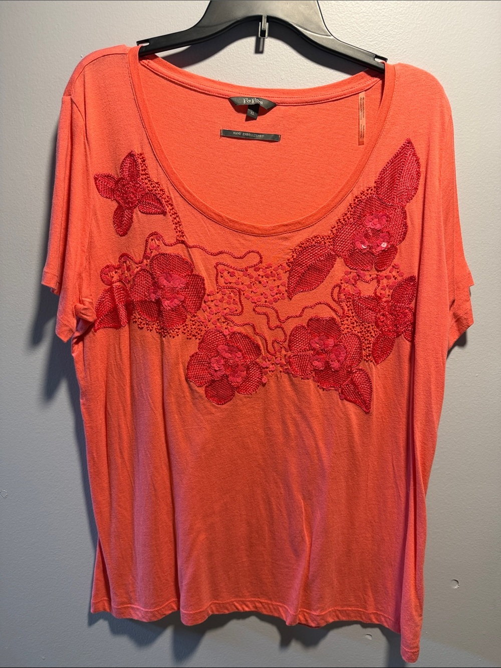 Coral Floral Embellished Scoop Neck Top